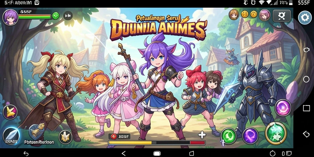 Tampilan gameplay menarik dari 555F dengan karakter anime yang dinamis.