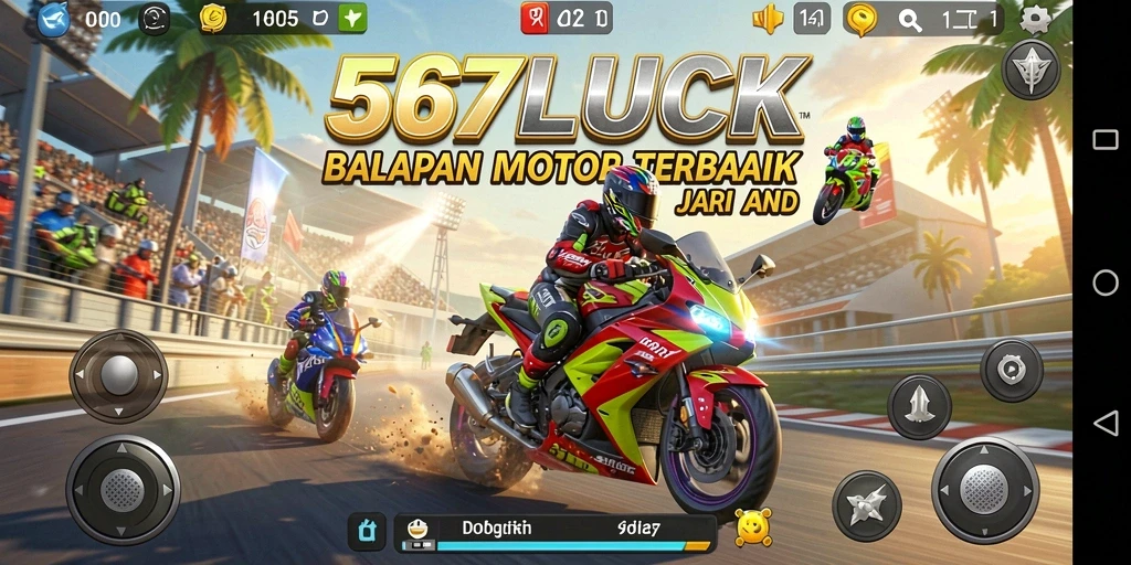 Screenshot gameplay 567LUCK menampilkan balapan motor yang menegangkan.