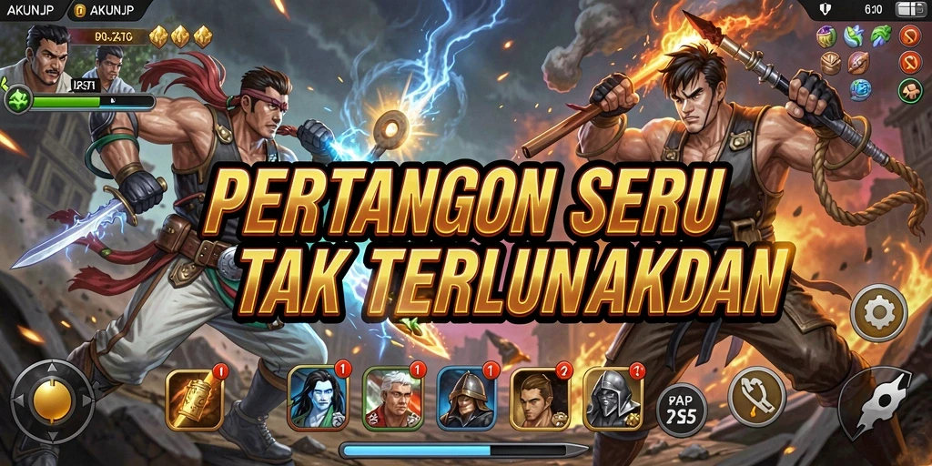 Screenshot gameplay AKUNJP menampilkan pertarungan mendebarkan dengan karakter unik.