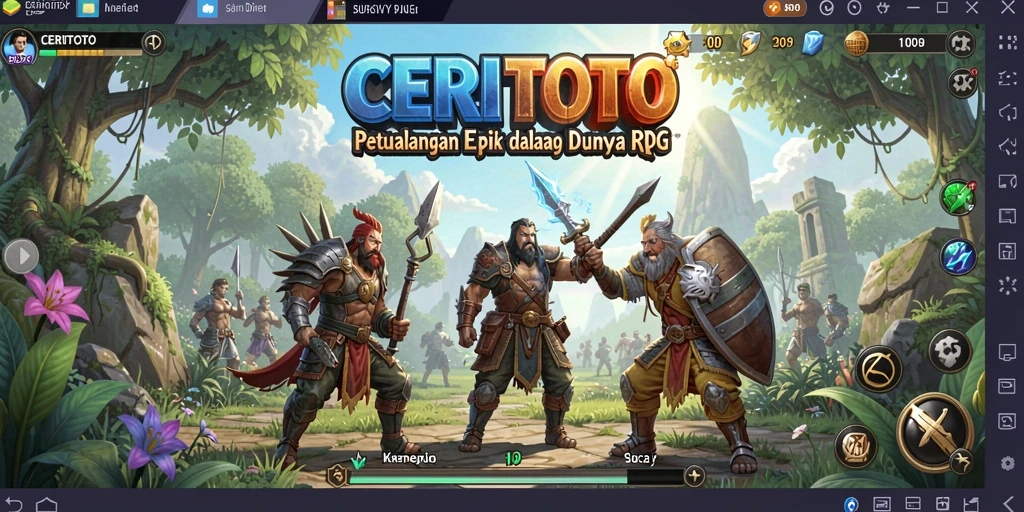 Tangkapan layar gameplay CERITOTO yang menunjukkan pertarungan seru dan karakter unik.