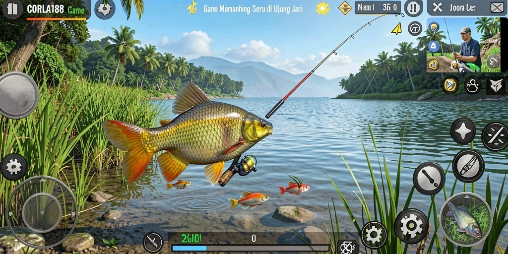 Screenshot gameplay CORLA188 menampilkan aksi memancing yang mendebarkan.