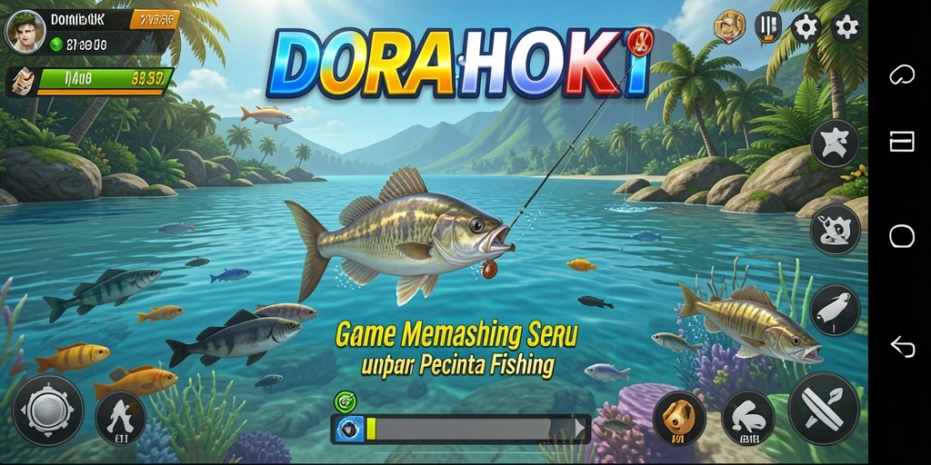 Screenshot gameplay DORAHOKI menunjukkan aksi memancing yang menarik.