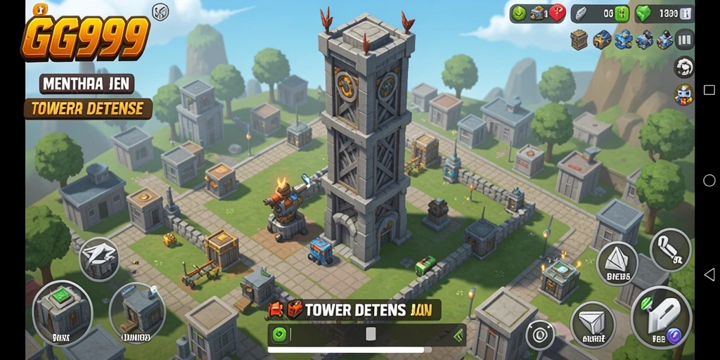 Tangkapan layar gameplay GG999 menampilkan aksi menara pertahanan yang mendebarkan.