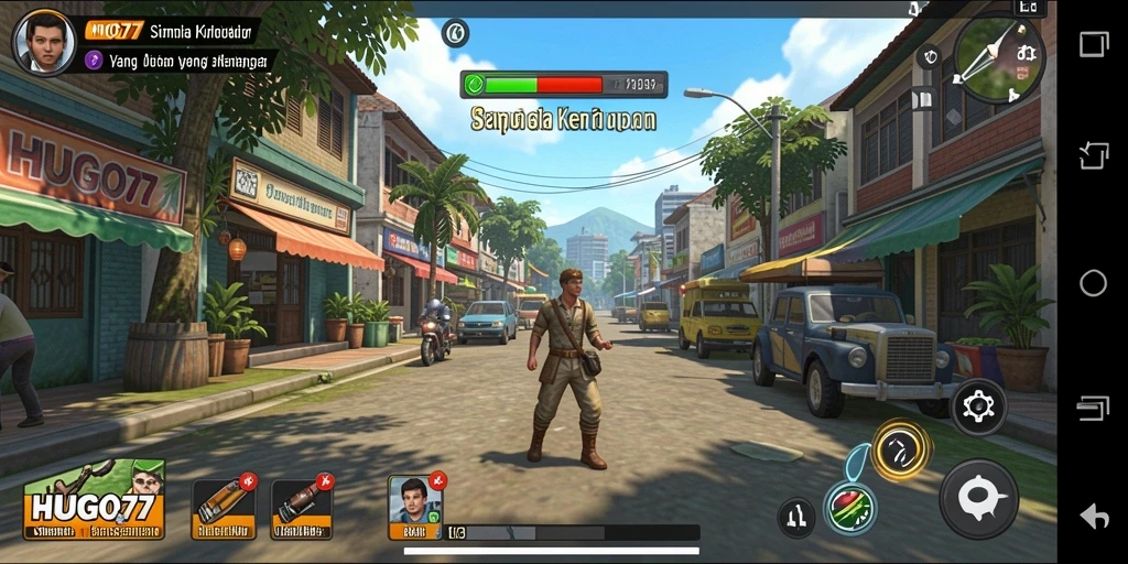Screenshot permainan HUGO77 menunjukkan interaksi karakter dalam simulasi kehidupan.