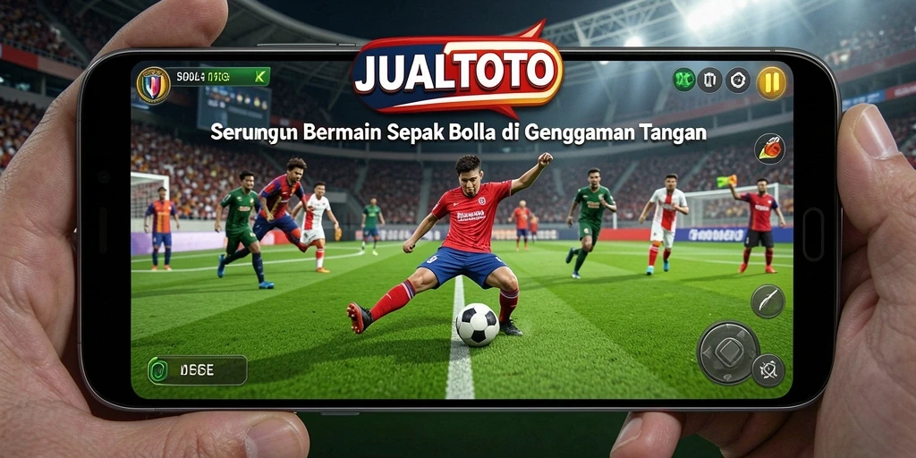 Screenshot utama JUALTOTO menampilkan aksi pertandingan sepak bola yang seru.