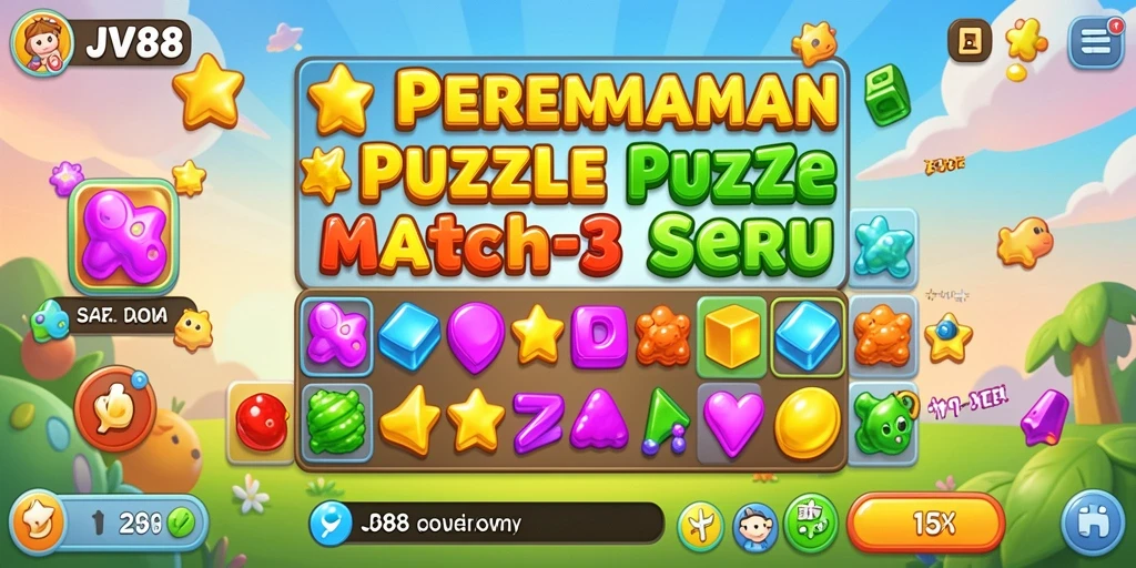 Tampilan gameplay Match-3 yang menarik dan penuh warna.