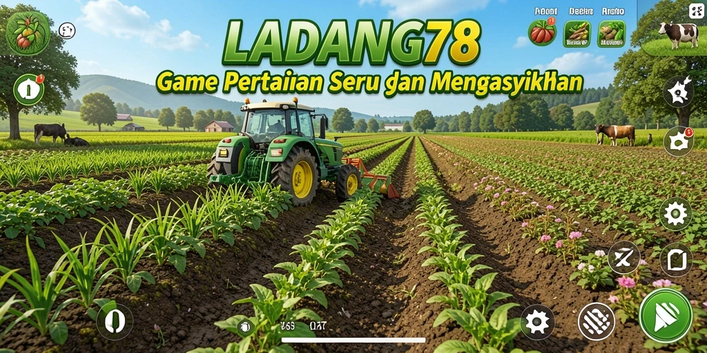 Screenshot gameplay LADANG78 yang menampilkan ladang yang subur dan hewan ternak.