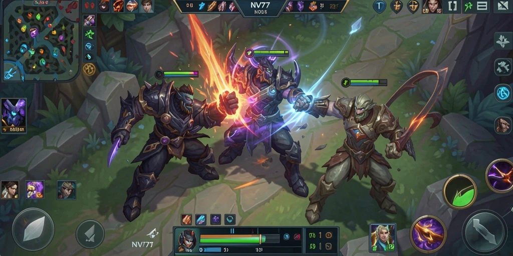 Tampilan gameplay seru di NV77 dengan pertarungan tim yang intens.
