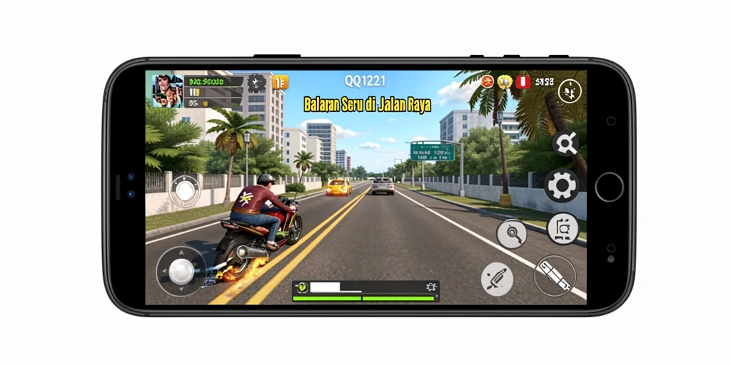 Gameplay QQ1221 dengan aksi balapan seru dan mobil kustomisasi.