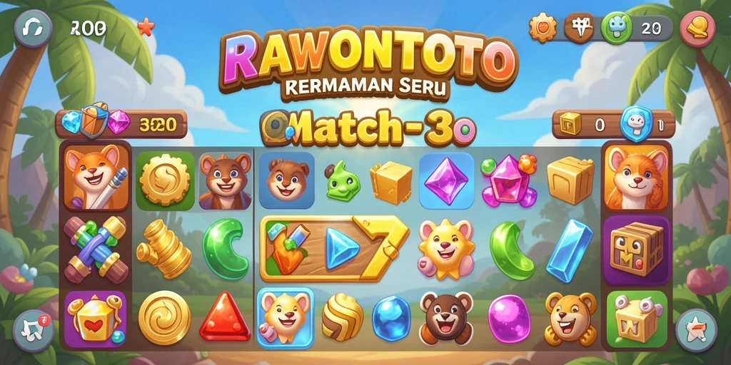 Tampilan gameplay seru dalam RAWONTOTO dengan visual Match-3 yang menawan.