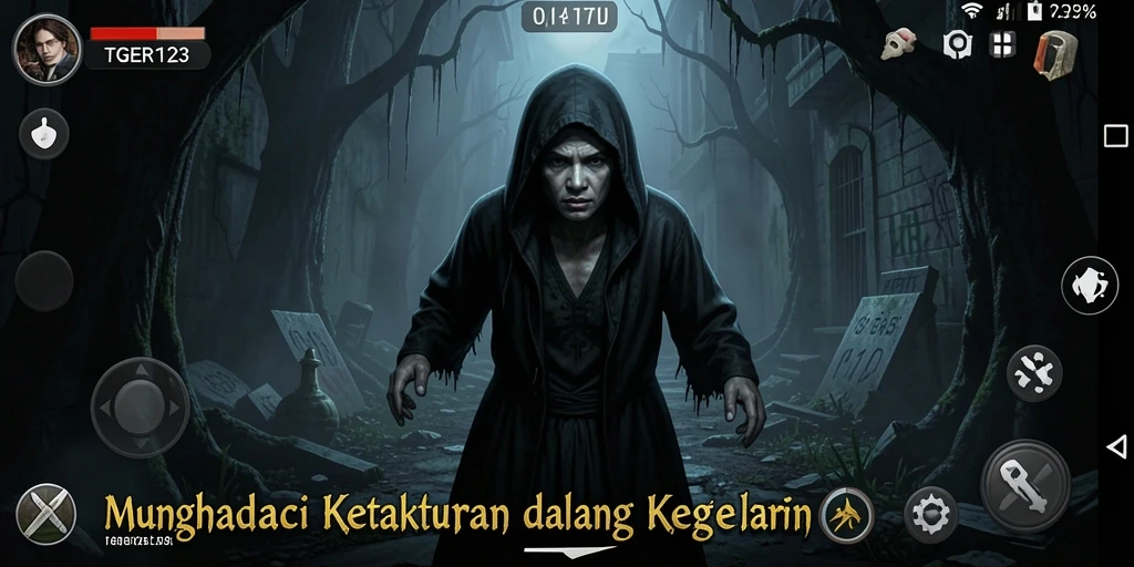 Tangkapan layar utama TGER123 menampilkan suasana mencekam dan seram dari gameplay.